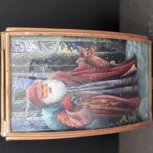 Vintage Santa Winter In Vermont Brass/Glass Lidded Trinket Box.